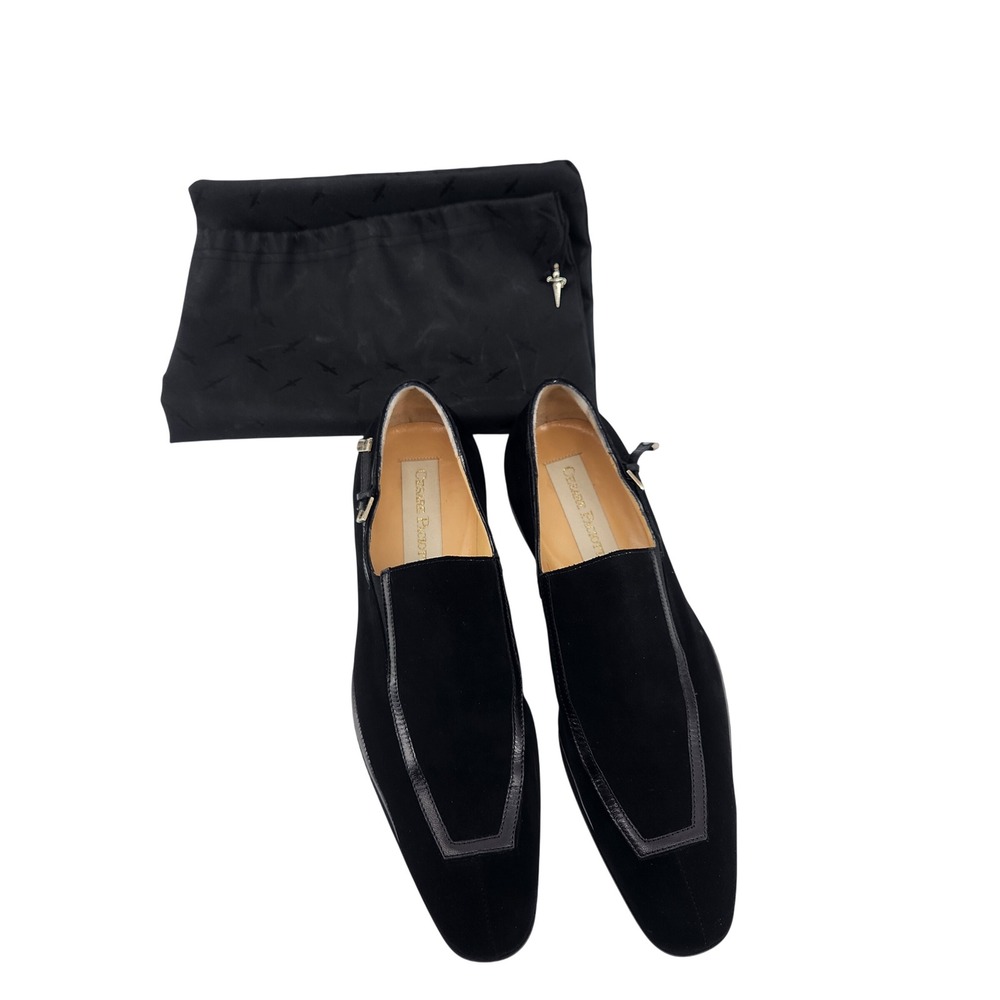 Cesare Paciotti Mens 7.5 Black Suede Leather Trim Buckle Loafers Dust Bag Italy